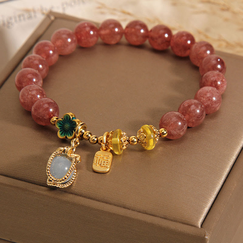 Bracelet porte-bonheur en quartz fraise et aigue-marine de 8 mm pour l'amour