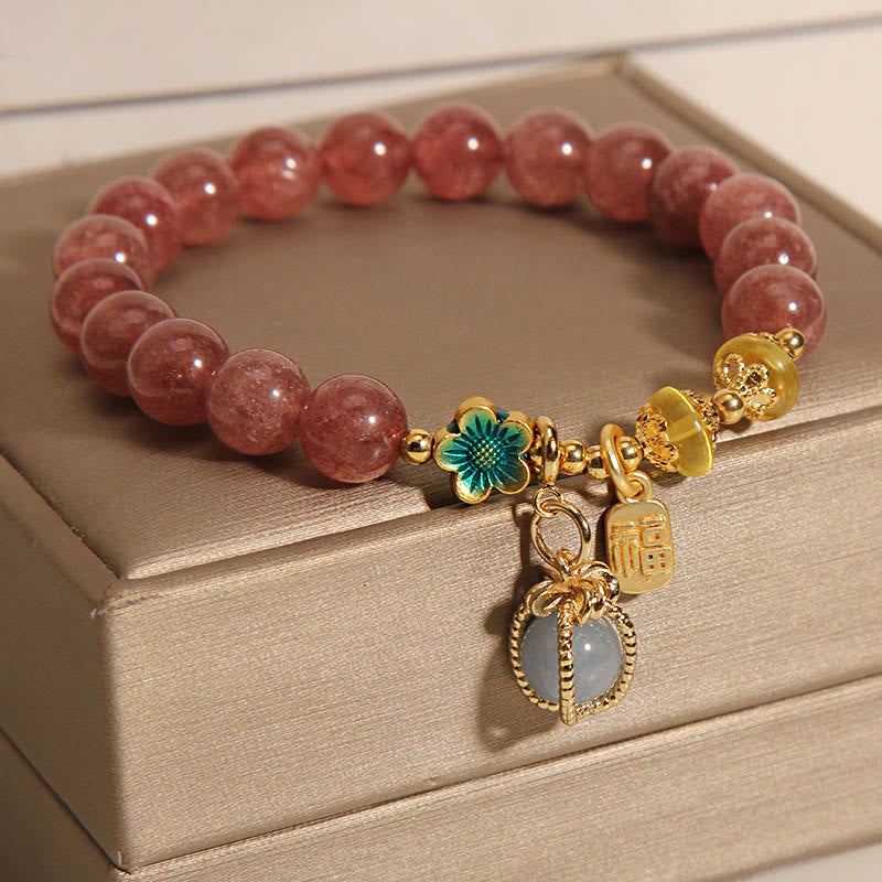Bracelet porte-bonheur en quartz fraise et aigue-marine de 8 mm pour l'amour