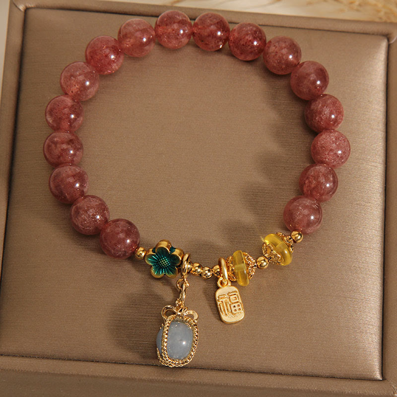 Bracelet porte-bonheur en quartz fraise et aigue-marine de 8 mm pour l'amour