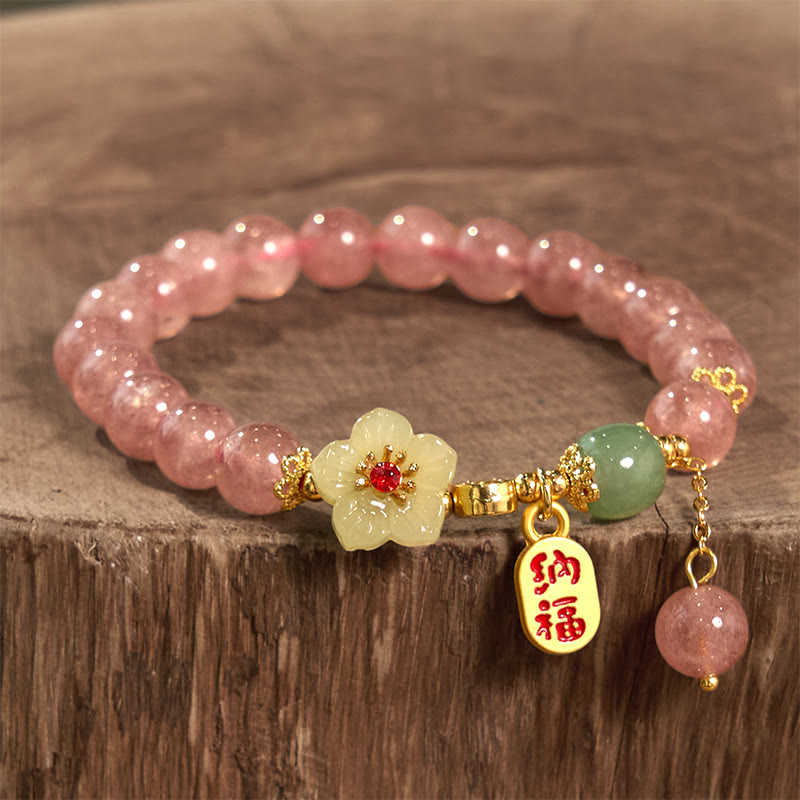 Bracelet de bénédiction en quartz fraise de 8 mm avec caractère Fu