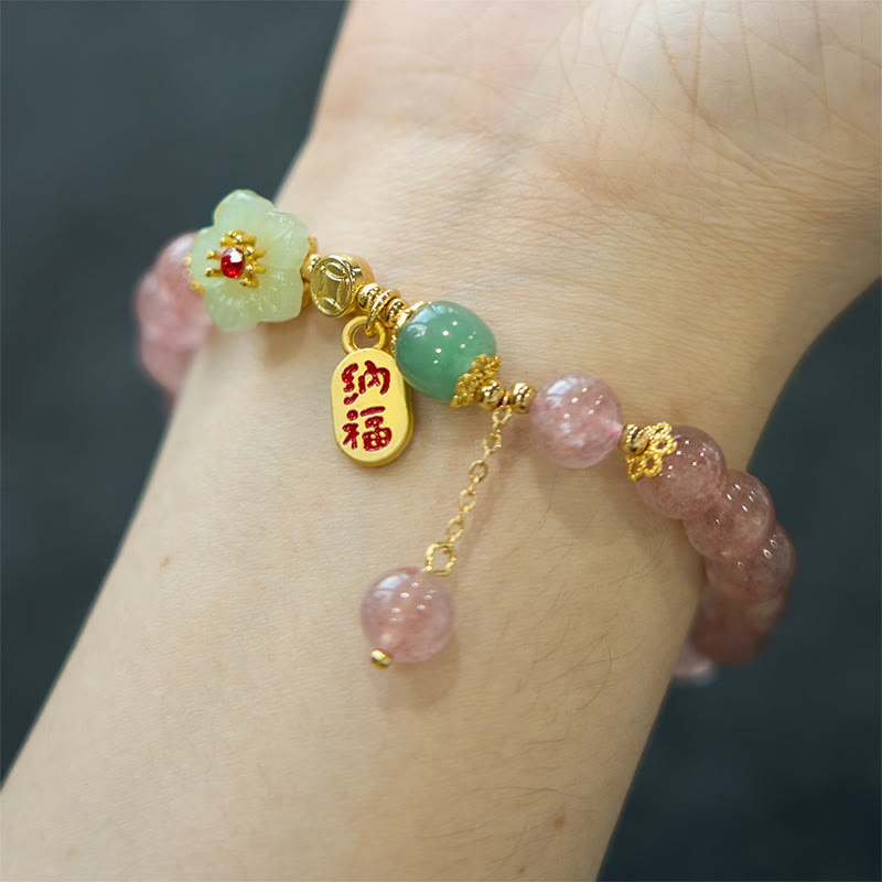 Bracelet de bénédiction en quartz fraise de 8 mm avec caractère Fu