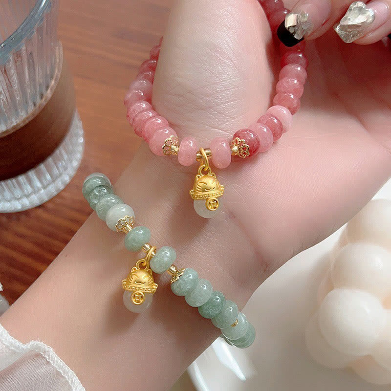 Bracelet de guérison porte-bonheur en jade cyan et quartz fraise de 8 mm