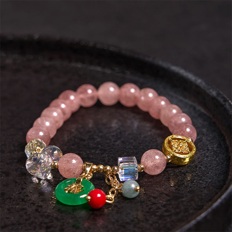 Bracelet de guérison Fu en jade et quartz fraise de 8 mm
