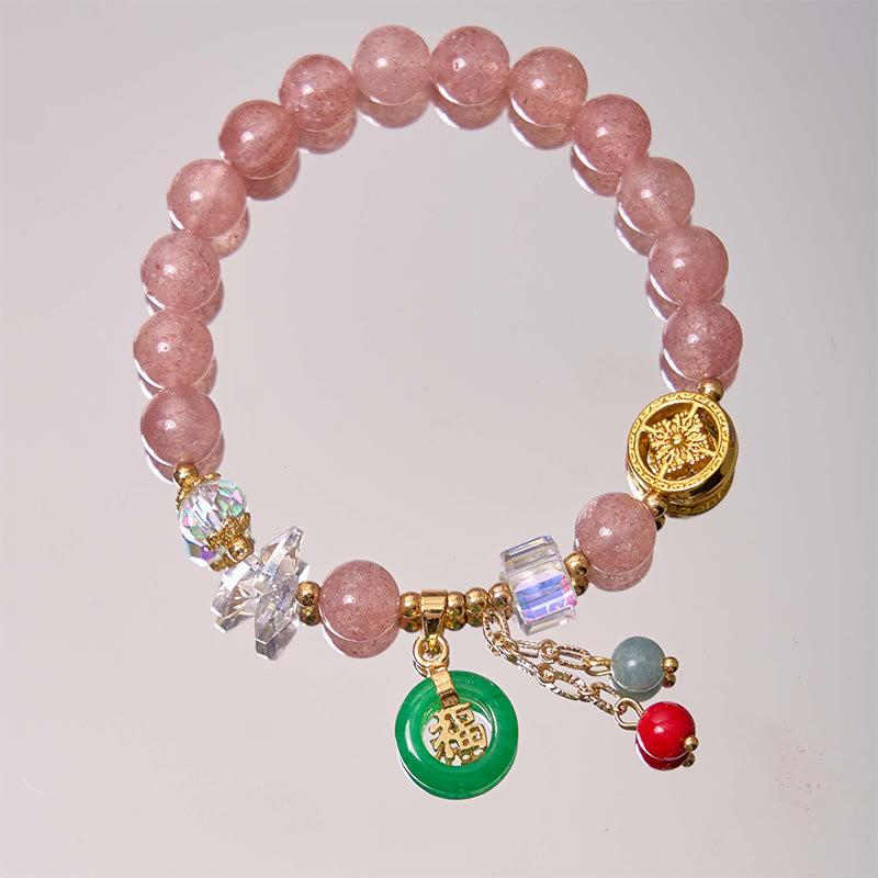 Bracelet de guérison Fu en jade et quartz fraise de 8 mm