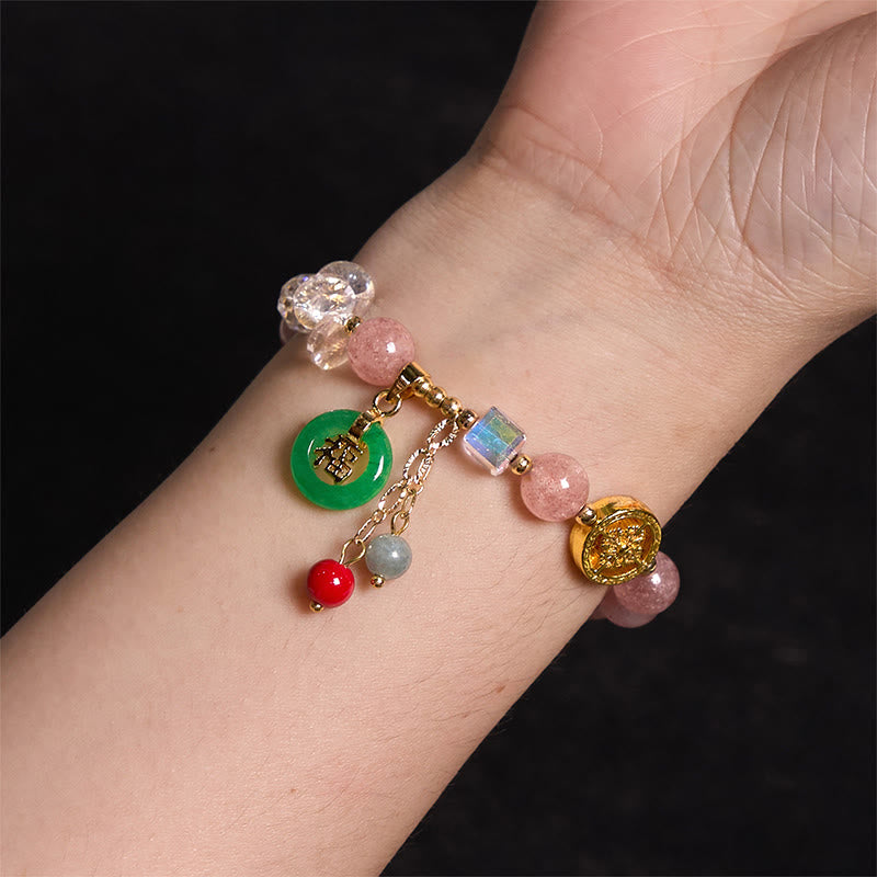 Bracelet de guérison Fu en jade et quartz fraise de 8 mm