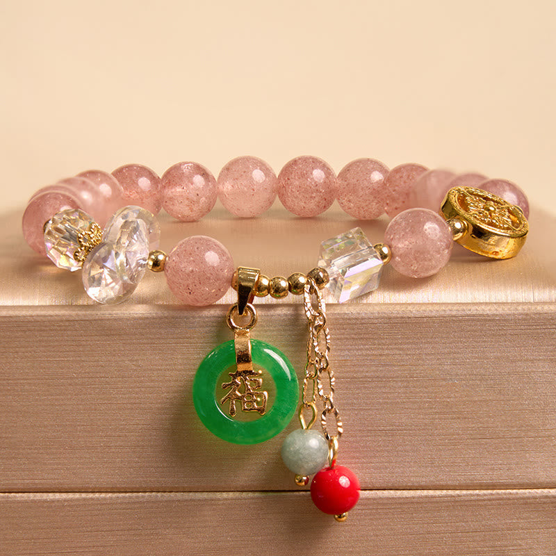 Bracelet de guérison Fu en jade et quartz fraise de 8 mm