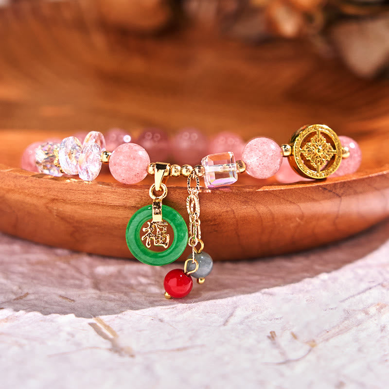 Bracelet de guérison Fu en jade et quartz fraise de 8 mm