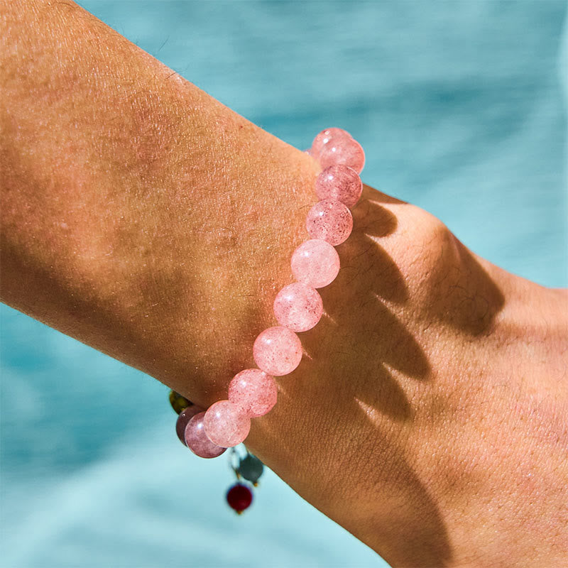 Bracelet de guérison à breloques Fu en jade et quartz fraise de 8 mm