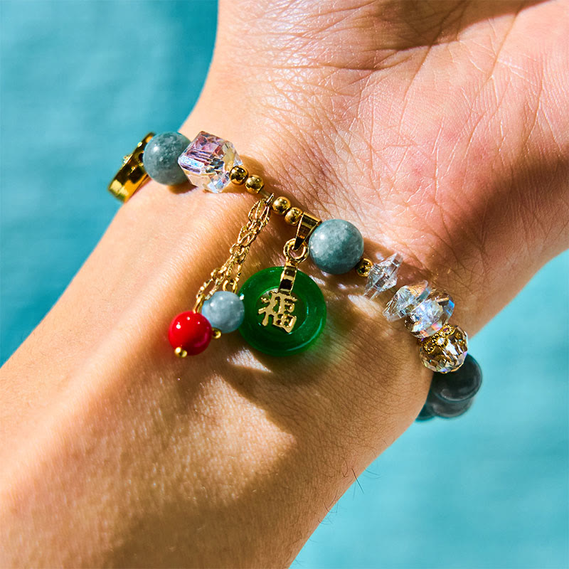 Bracelet de guérison à breloques Fu en jade et quartz fraise de 8 mm