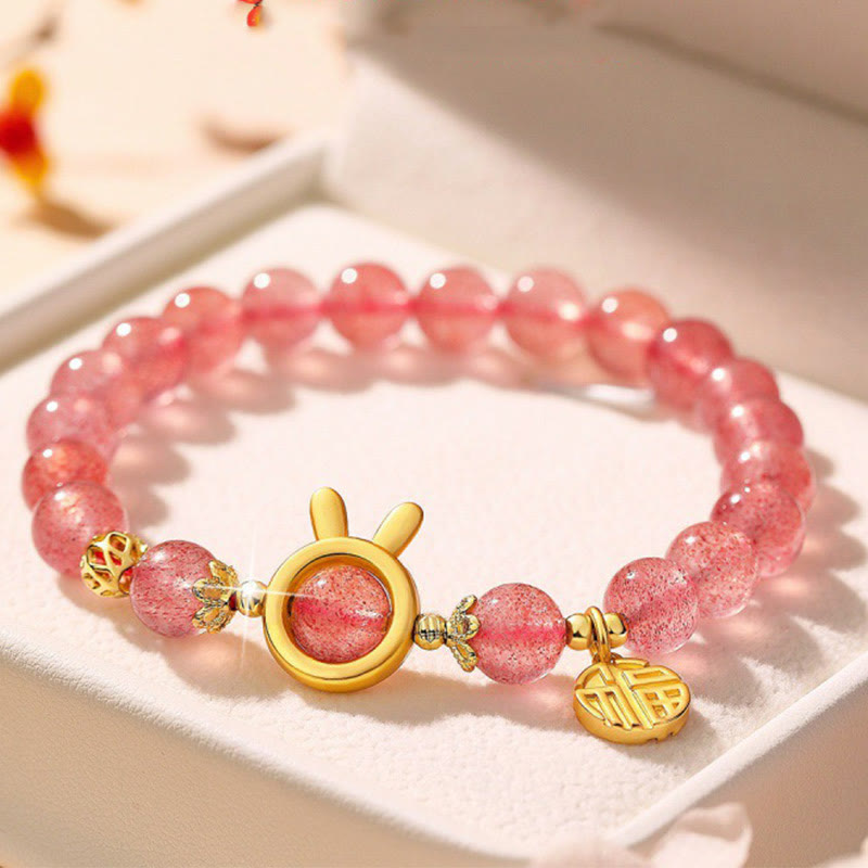 Bracelet Love en quartz fraise de 8 mm avec breloque lapin Fu