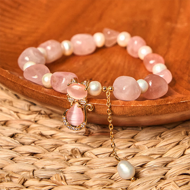 Bracelet d'énergie positive en perles de quartz fraise de 8 mm pour femme