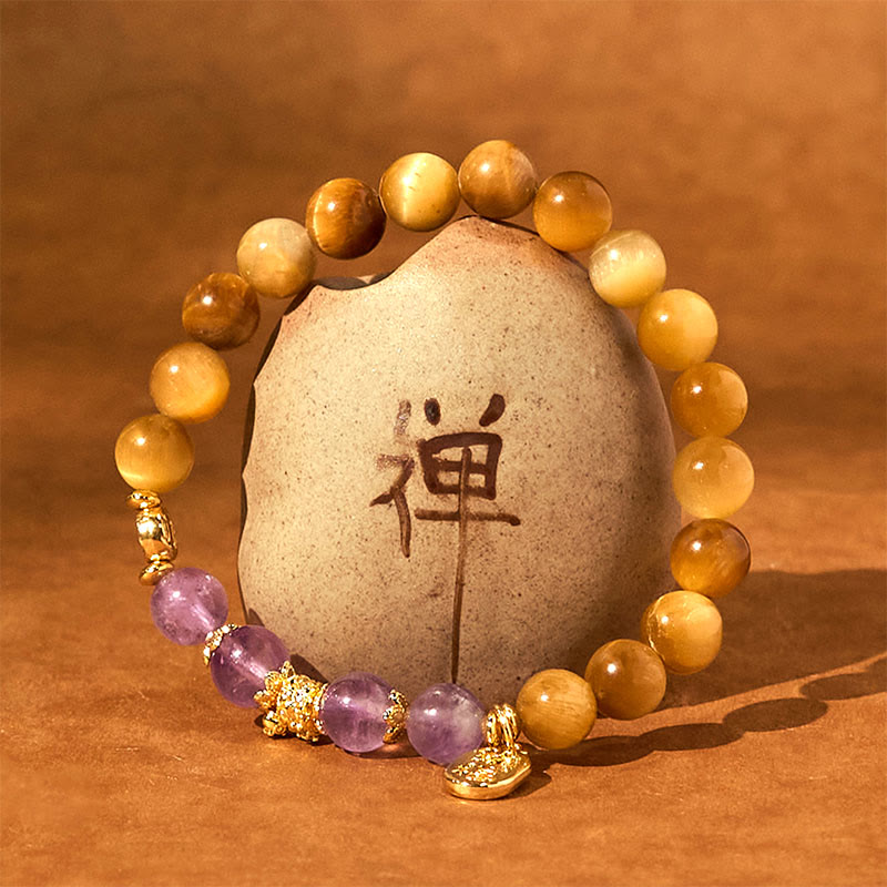 Bracelet de force de caractère Fu en améthyste œil de tigre de 8 mm