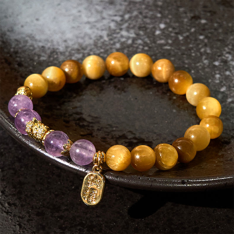 Bracelet de force de caractère Fu en améthyste œil de tigre de 8 mm