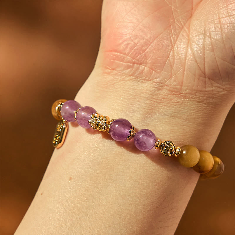 Bracelet de force de caractère Fu en améthyste œil de tigre de 8 mm