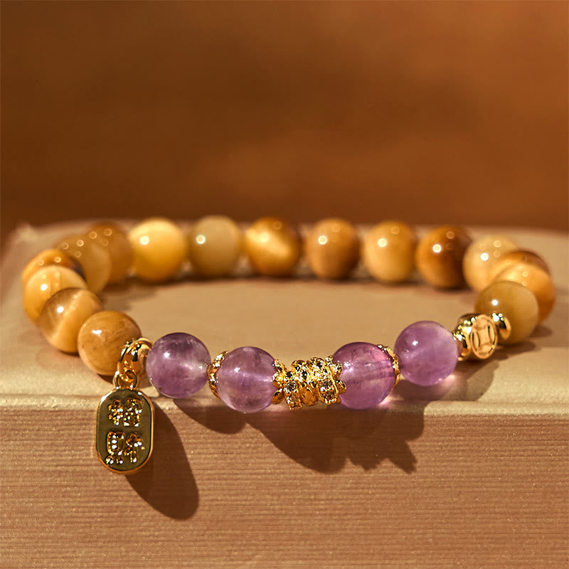 Bracelet de force de caractère Fu en améthyste œil de tigre de 8 mm