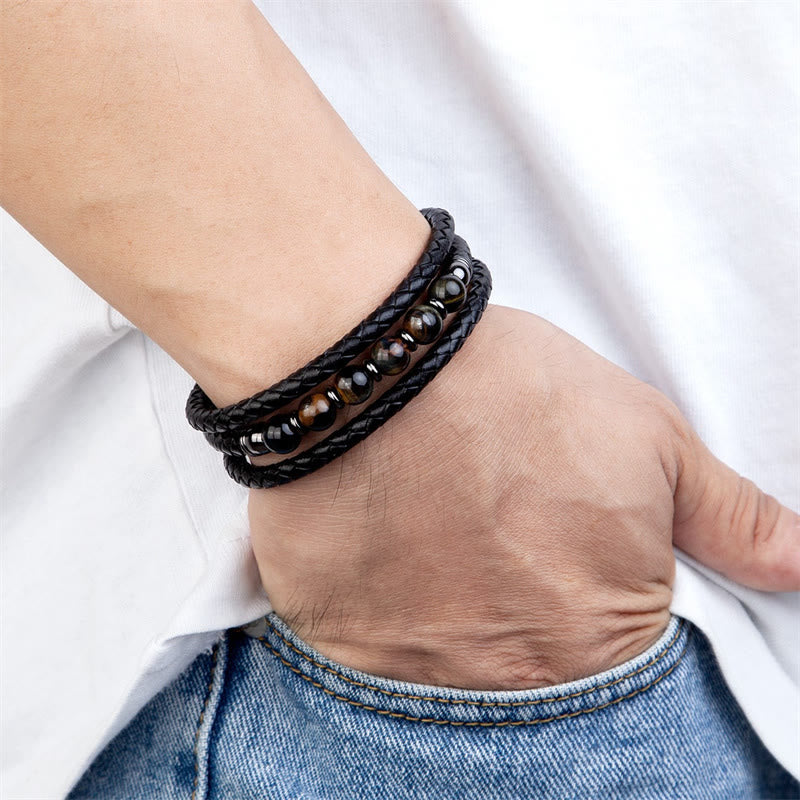 Bracelet d'équilibre positif en cuir avec perles d'œil de tigre de 8 mm