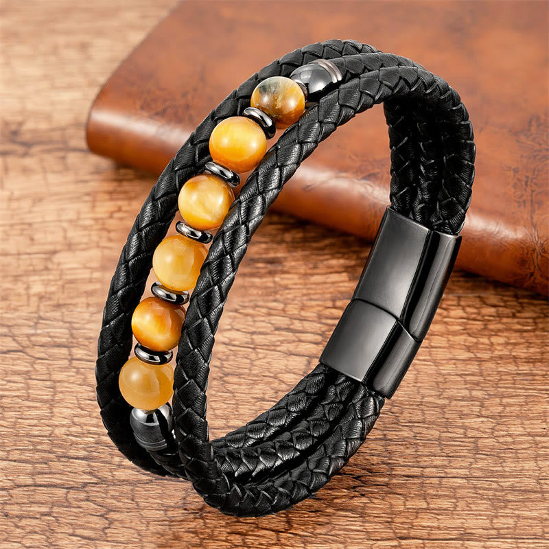 Bracelet d'équilibre positif en cuir avec perles d'œil de tigre de 8 mm