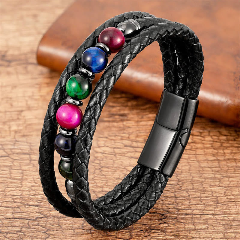 Bracelet d'équilibre positif en cuir avec perles d'œil de tigre de 8 mm