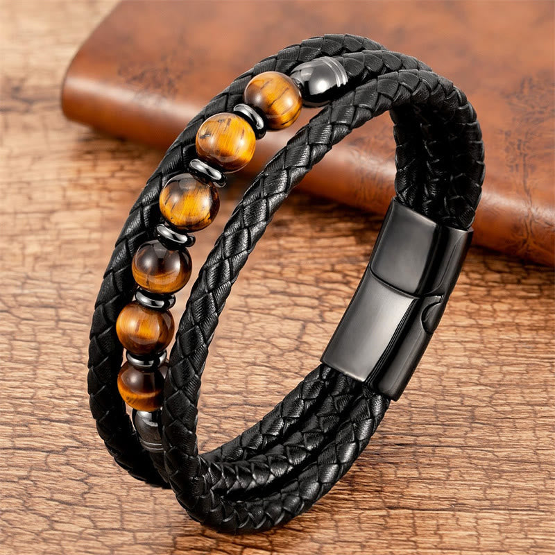 Bracelet d'équilibre positif en cuir avec perles d'œil de tigre de 8 mm