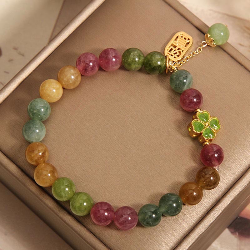 Bracelet positif en jade tourmaline de 8 mm avec trèfle à quatre feuilles