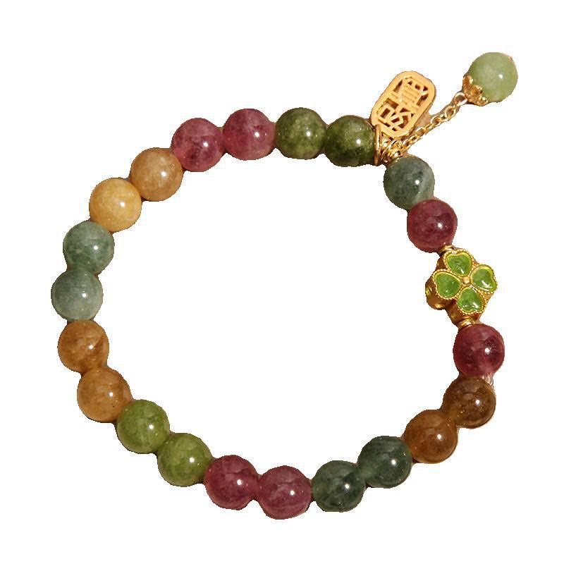 Bracelet positif en jade tourmaline de 8 mm avec trèfle à quatre feuilles