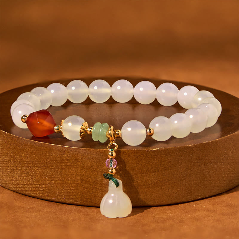 Bracelet porte-bonheur en agate blanche et agate rouge de 8 mm avec breloque en forme de gousse de lotus