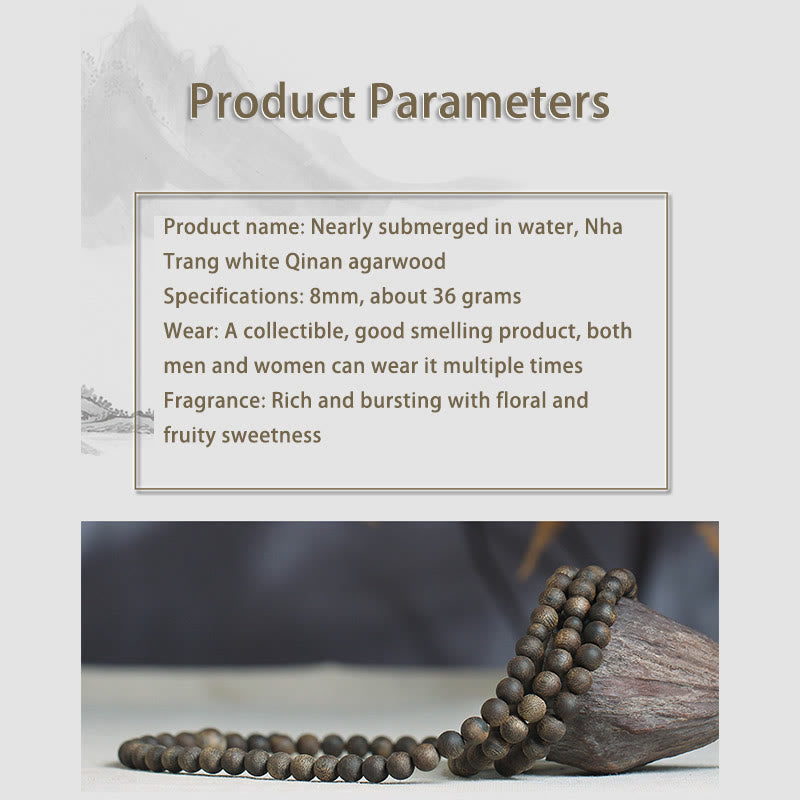 Bracelet Mala en bois d'agar Qinan blanc de 8 mm pour la paix et la force