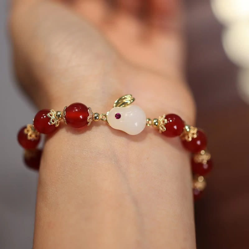 Bracelet de confiance en agate rouge et jade blanc de 8 mm, Année du Lapin
