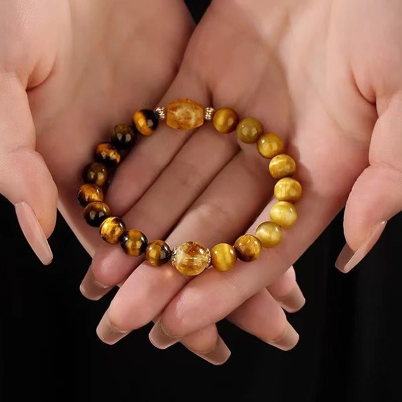 Bracelet de force en citrine œil de tigre jaune et noir 8 mm