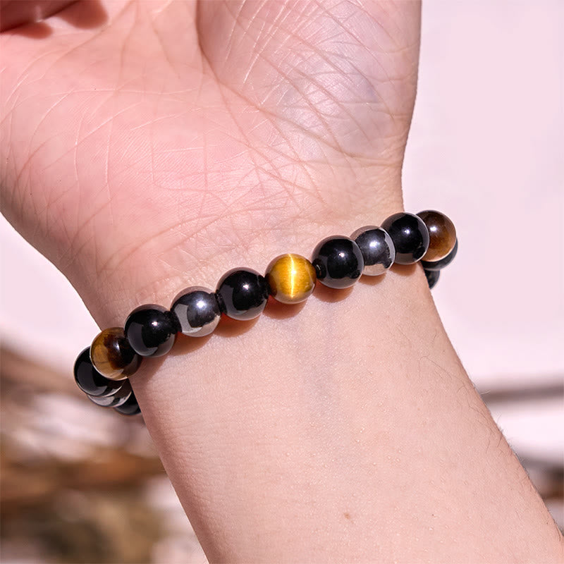 Bracelet en hématite et obsidienne œil de tigre jaune 8 mm pour homme