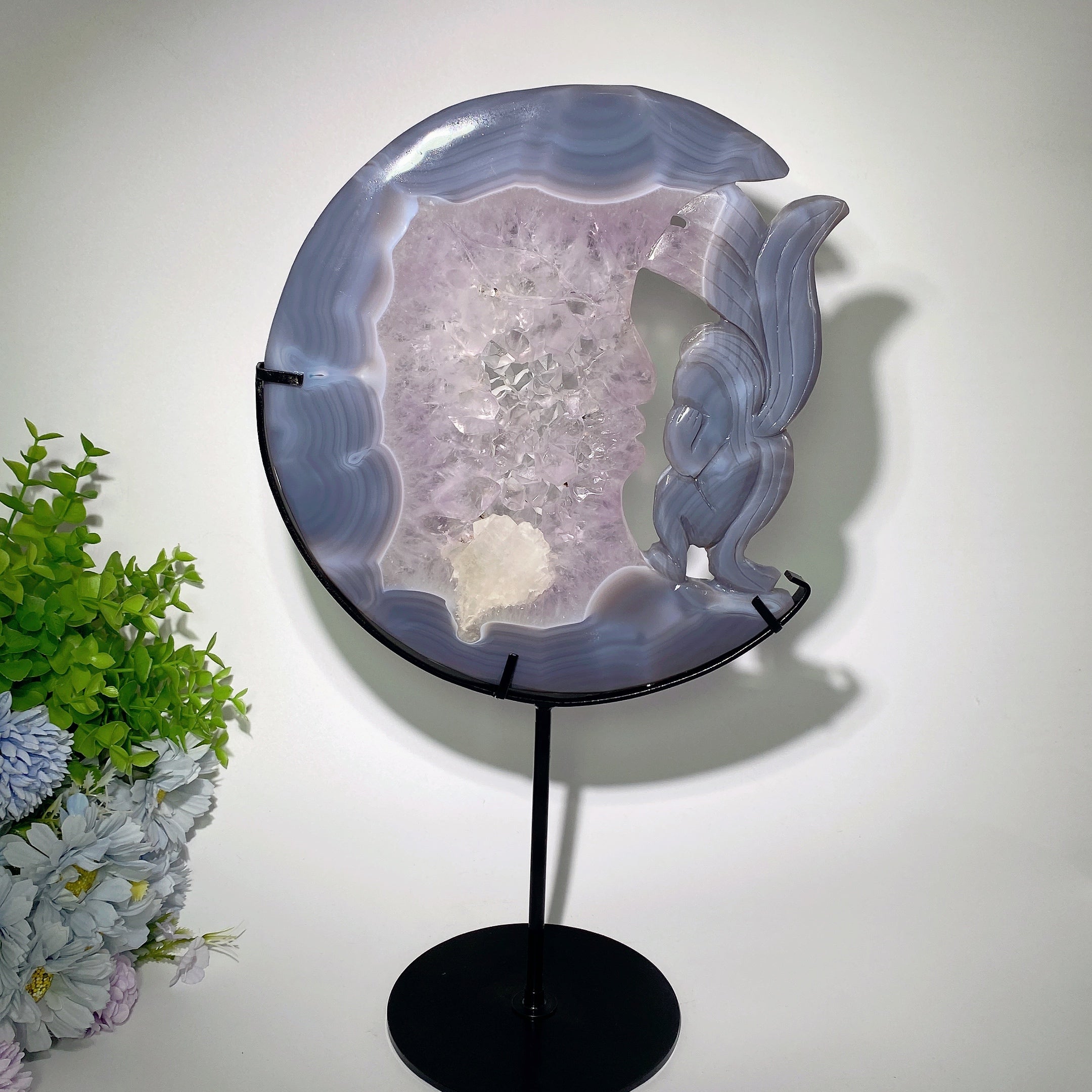 9.8 inch Druzy Amethyst Agate Moon Face Fox Carving