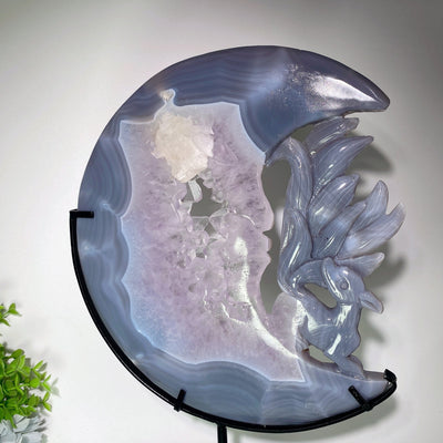 Sculpture de renard à visage de lune en agate améthyste druzy de 9,8 pouces