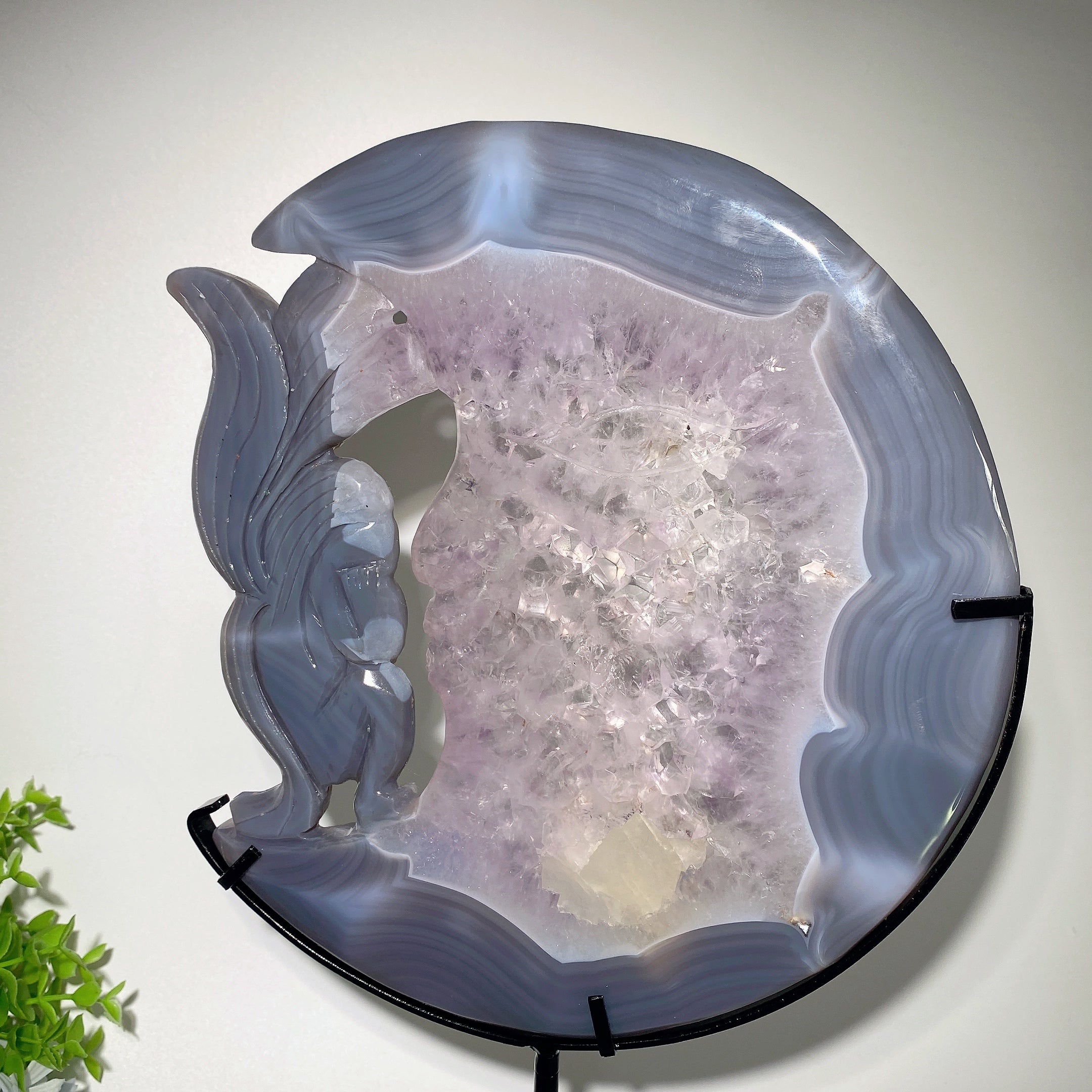 9.8 inch Druzy Amethyst Agate Moon Face Fox Carving