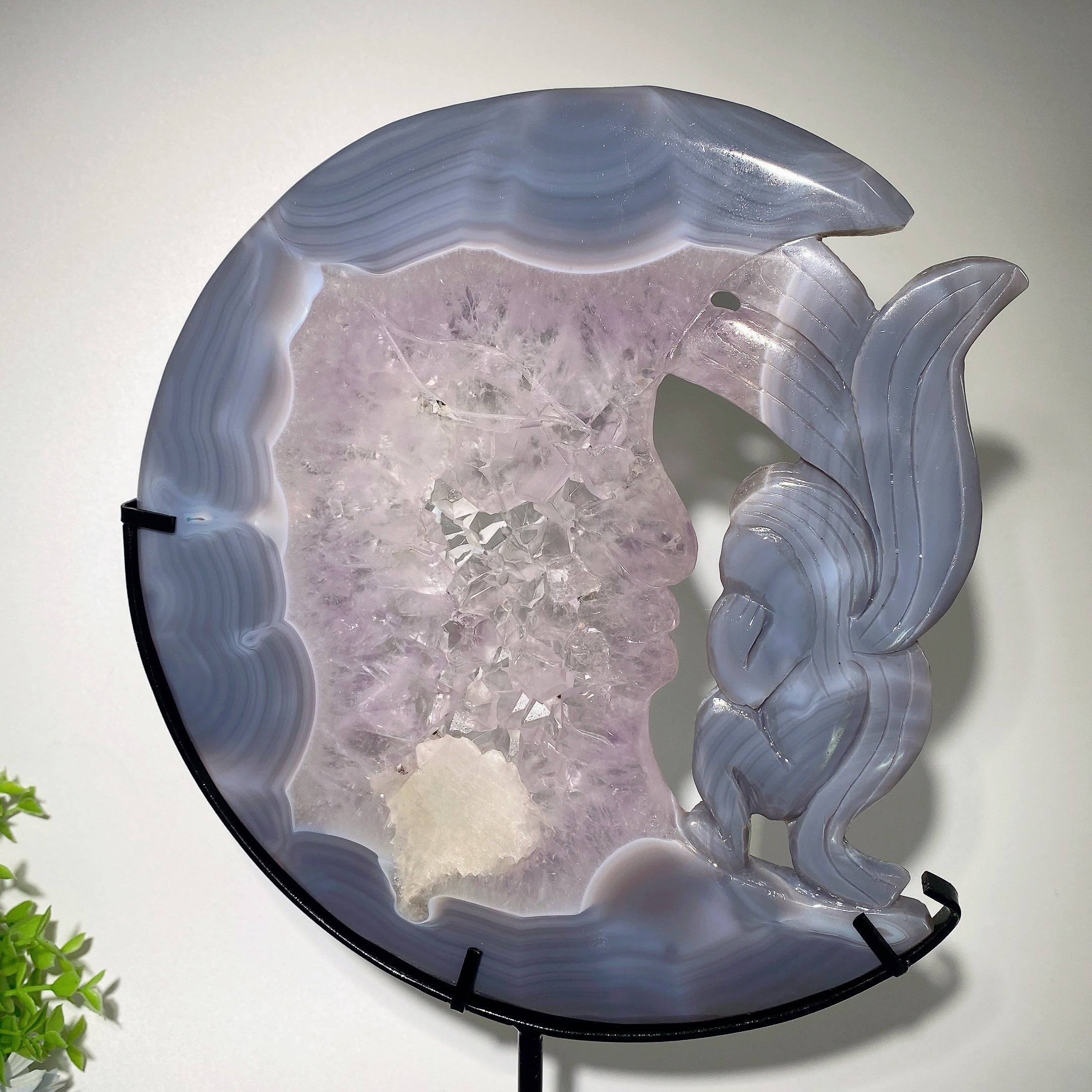 9.8 inch Druzy Amethyst Agate Moon Face Fox Carving