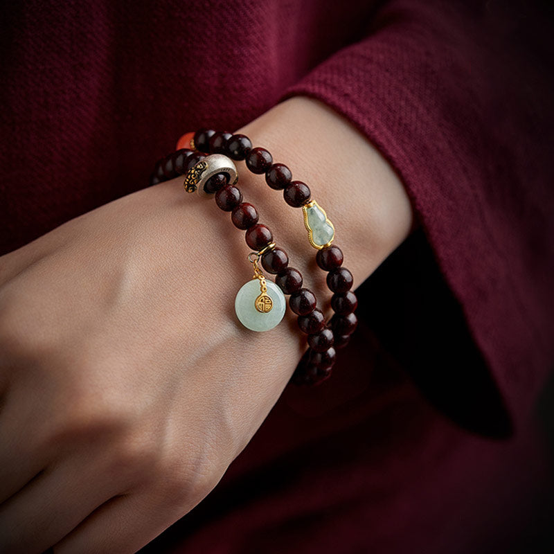 Chinese Zodiac Bracelet with Small Leaf Red Sandalwood & Jade for Protection