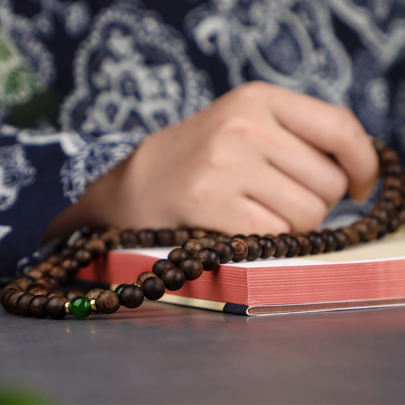 108 Beads Agarwood Cyan Jade Wood Mala Bracelet for Protection