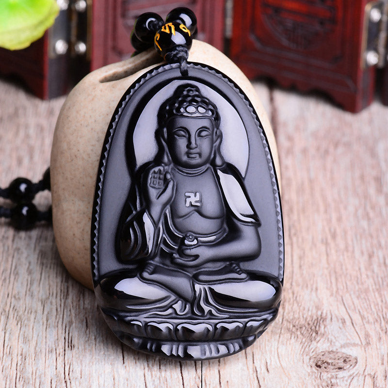 Obsidian Buddha Amulet Necklace with Chinese Zodiac | Protection