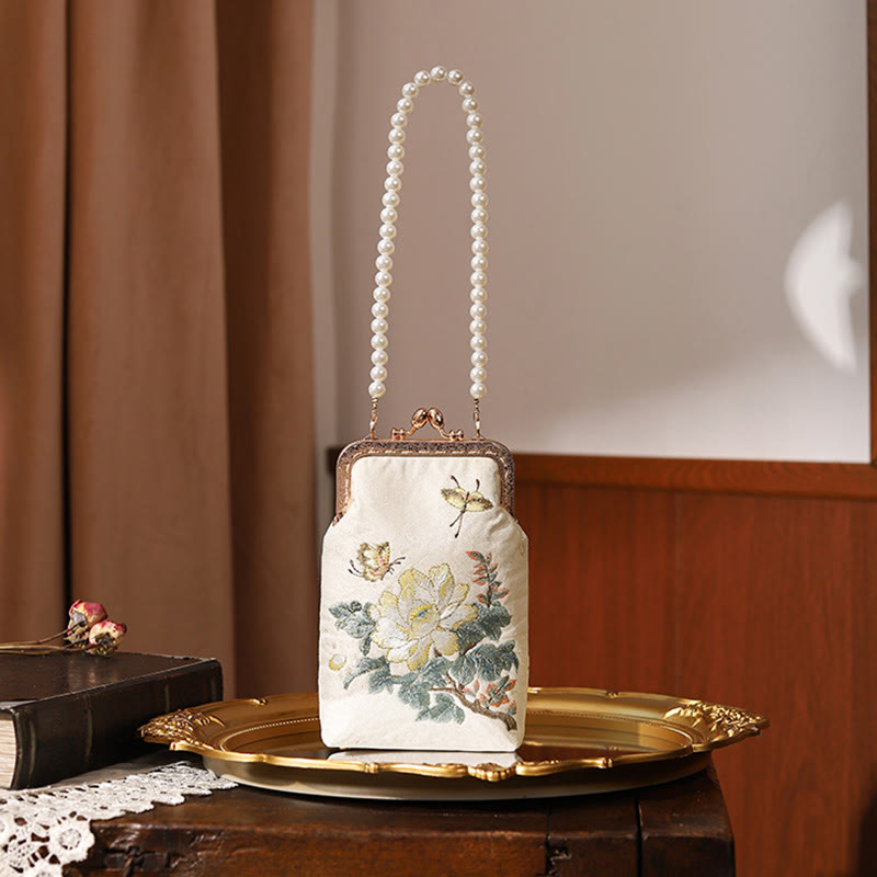 Small Flowers Butterfly Embroidered Pearl Chain Shoulder Bag