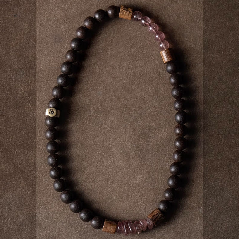Bracelet zodiaque chinois en argent 925 avec bois d'agar et quartz fraise
