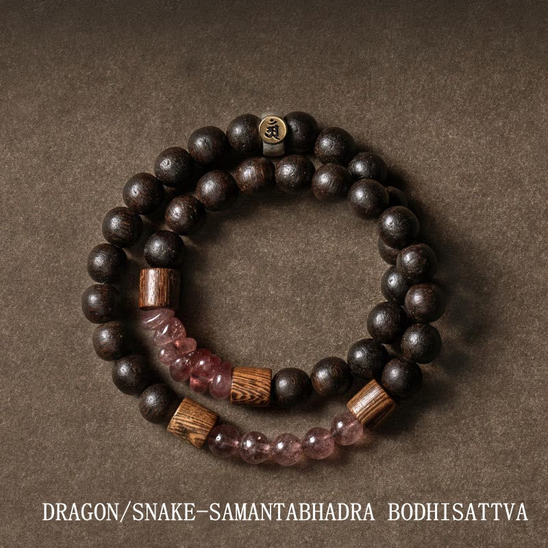 Bracelet zodiaque chinois en argent 925 avec bois d'agar et quartz fraise