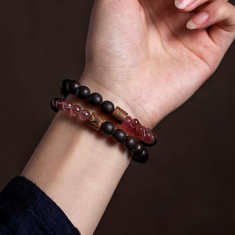 Bracelet zodiaque chinois en argent 925 avec bois d'agar et quartz fraise