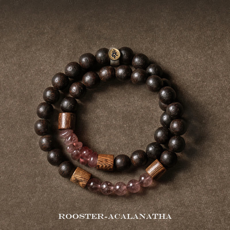 Bracelet zodiaque chinois en argent 925 avec bois d'agar et quartz fraise
