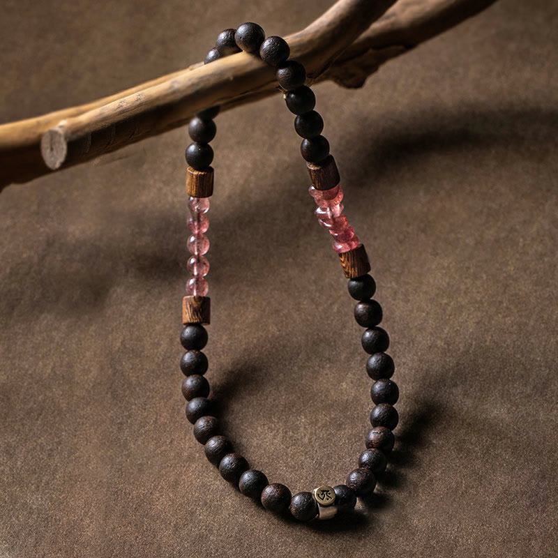 Bracelet zodiaque chinois en argent 925 avec bois d'agar et quartz fraise