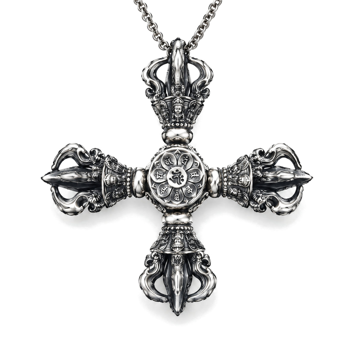 Sterling Silver Double Dorje Vajra Pendant Spiritual Strength, on a white background