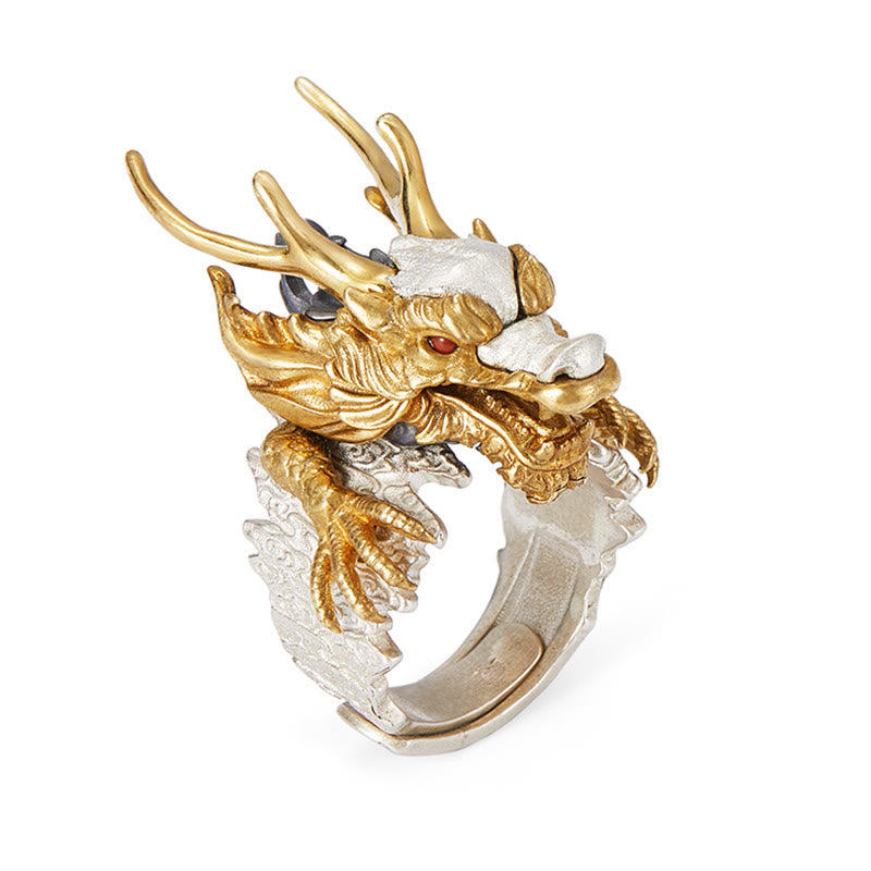 Bague réglable en argent sterling 925 avec protection du dragon
