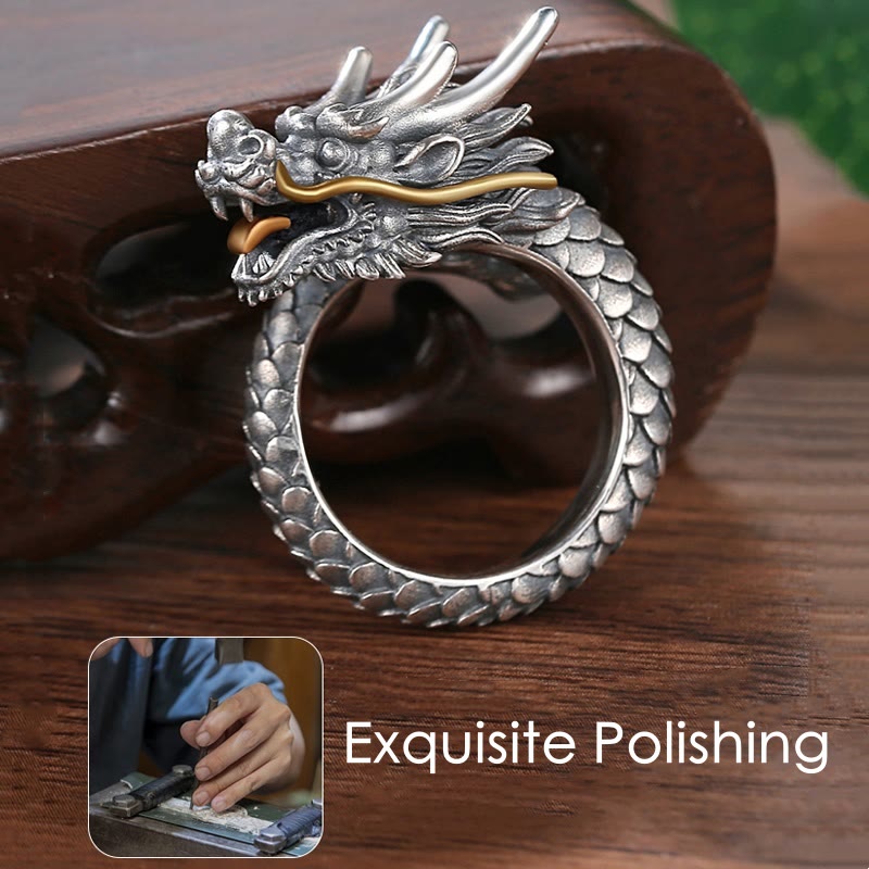 Bague dragon réglable en argent sterling 925 pour la protection et la force
