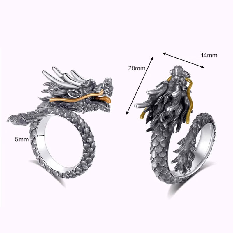 Bague dragon réglable en argent sterling 925 pour la protection et la force