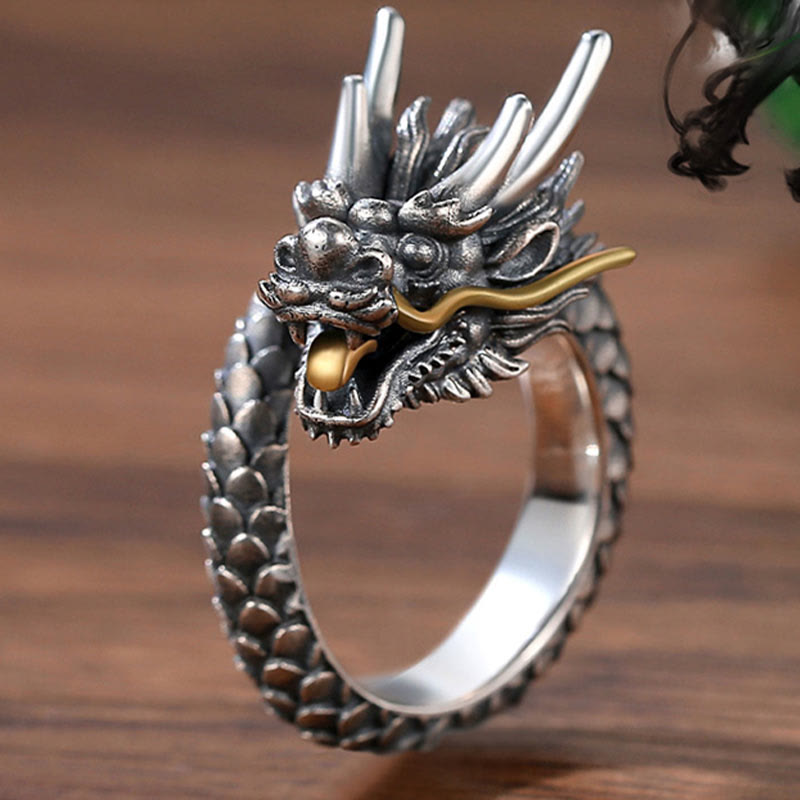 Bague dragon réglable en argent sterling 925 pour la protection et la force