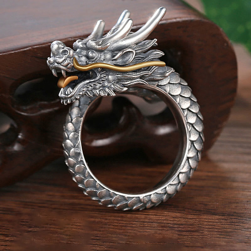 Bague dragon réglable en argent sterling 925 pour la protection et la force