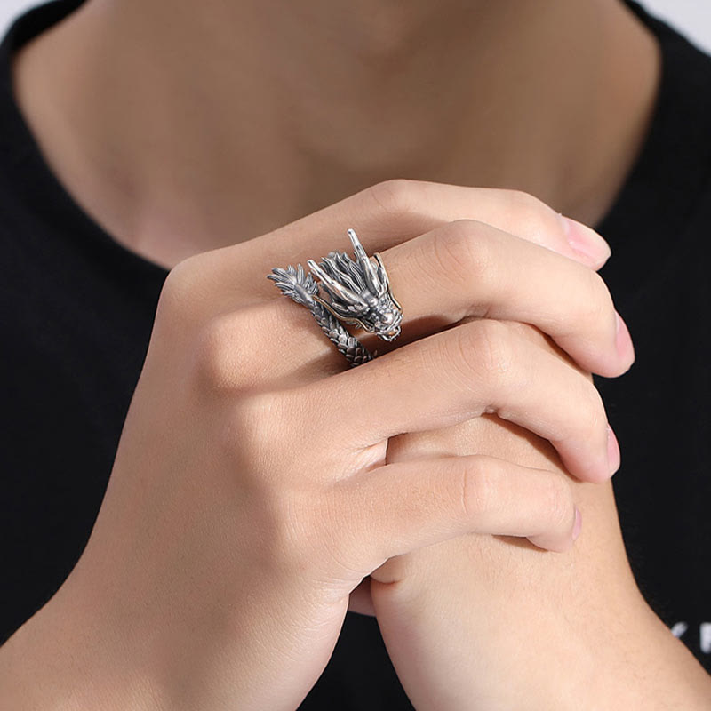Bague dragon réglable en argent sterling 925 pour la protection et la force